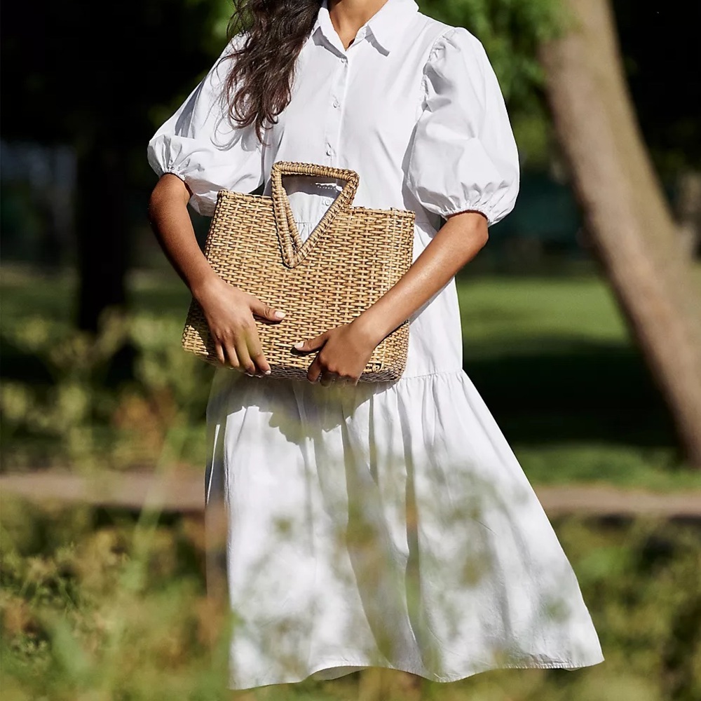 Anthropologie Amadi White Summer Tiered Midi Shirt Dress with Puff Sleeves - Picture 1 of 4